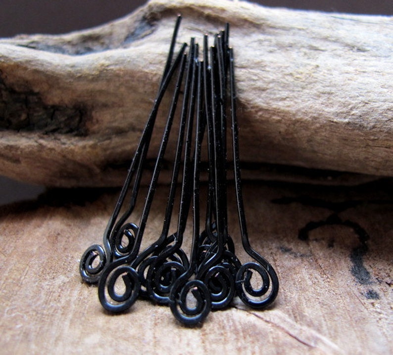 Black Swirl Headpins Set 22 gauge Enameled Wire Spiral Head Pins. Set of 10 Wire Wrapped Eye Pins Artisan Supplies Handmade Findings image 4