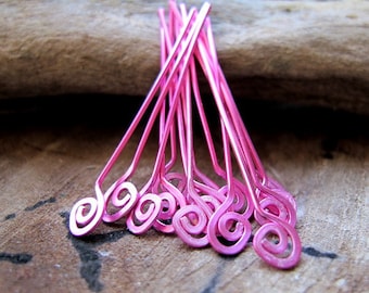 Swirly Spiral Pink Headpins set. 22 gauge Enameled copper Head Pins 40mm Eye pins Handmade Supplies Eye Pins Set Artisan Findings Top Swirls
