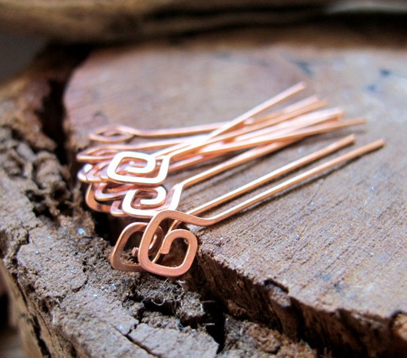 22g Copper Square Spirals Headpins Set 15 pcs. Geometric Headpins Hammered swirl head pins. Earrings Supplies. Artisan Head Pins Eye Pins image 2