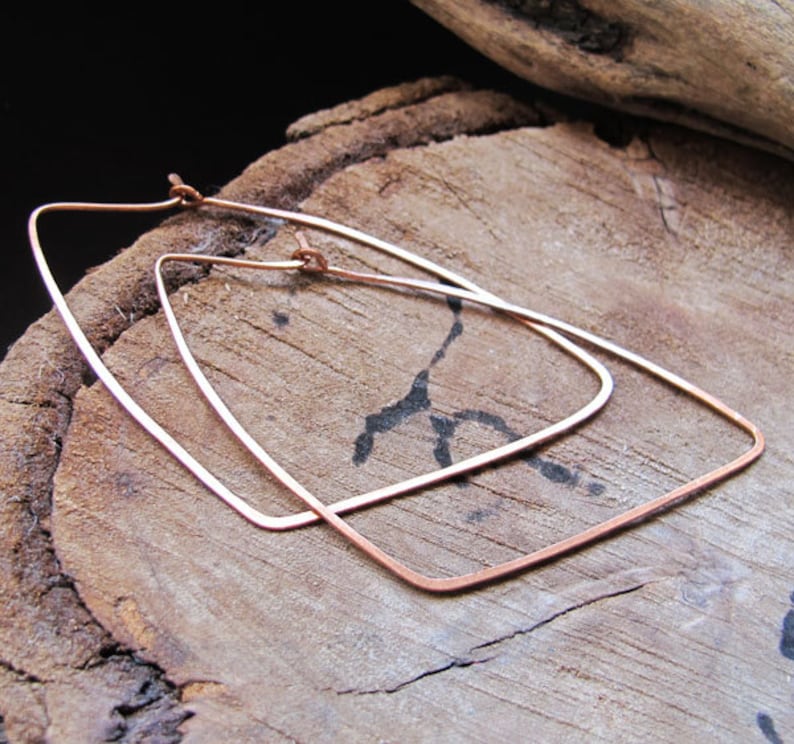 Geometric Triangle Earrings Geometric Copper Hoop Earrings Large Hoops Modern Earrings 3 inch Unique Earrings Triangle shaped Hoops image 2