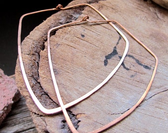 Pennant Hoop Earrings, Large Copper Geometric Hoops - Hammered Triangle Flat Ear wires 2 inch - Unique Earrings - Artisan Earrings - Modern