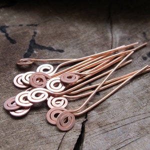 Copper Spiral Head Pins set 22g Swirl Hammered Headpins Necklace Findings Handmade Jewelry Supplies Artisan Eye Pins 1.5 inch Headpins set image 4