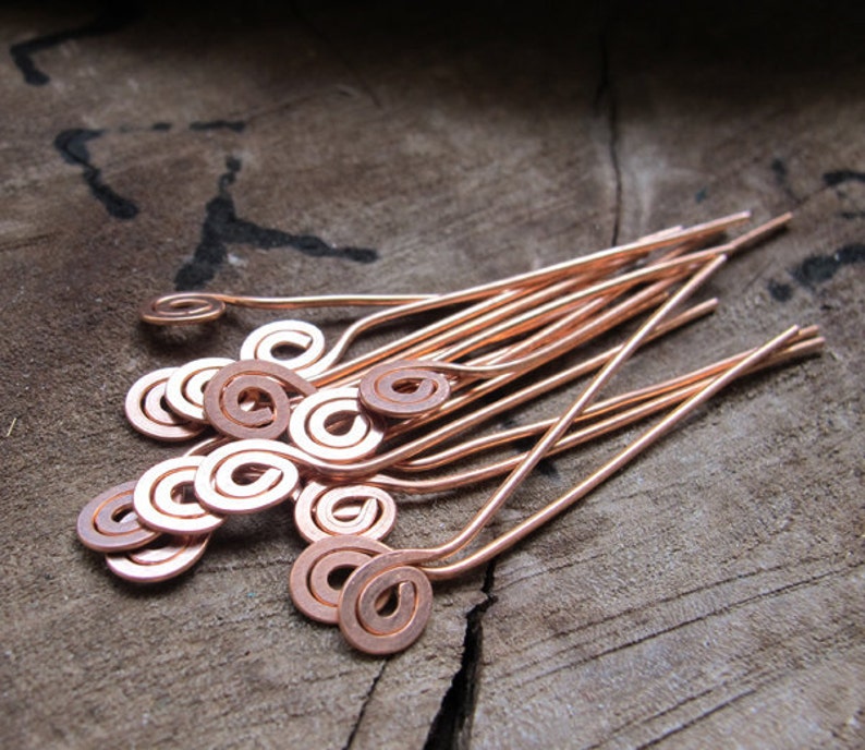 Copper Spiral Head Pins set 22g Swirl Hammered Headpins Necklace Findings Handmade Jewelry Supplies Artisan Eye Pins 1.5 inch Headpins set image 4