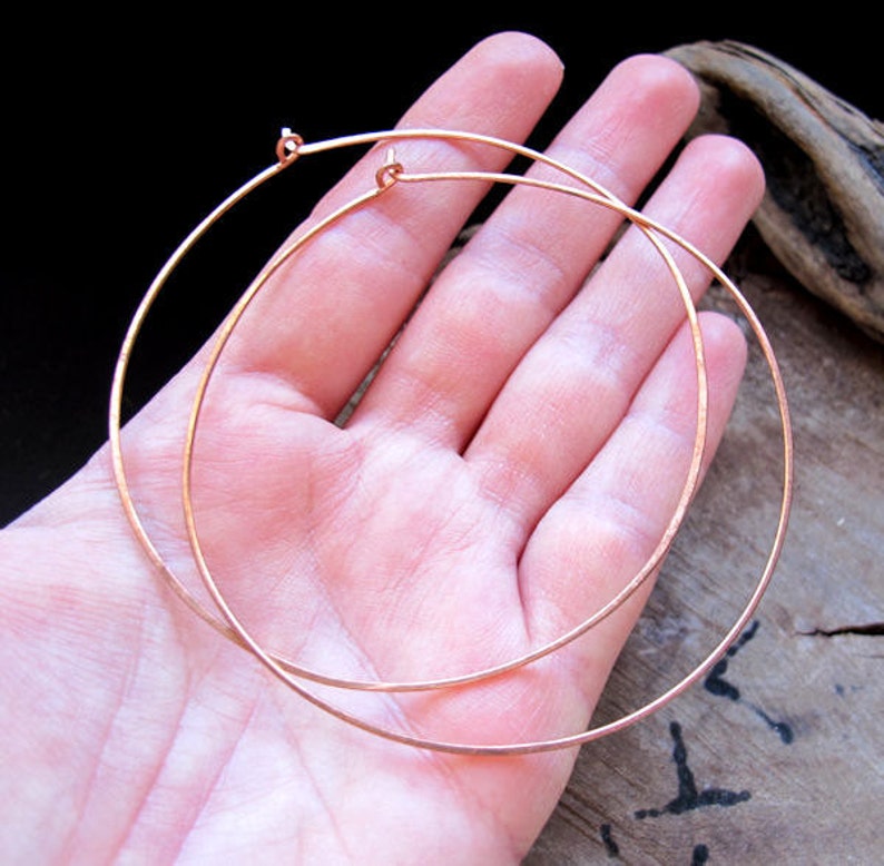 Extra Large Copper Hoop Earrings 3 inch Big Flat Hoops Hammered Thin Rounded Ear Wires Large Hoops Fashion Earrings Lightweight Big Earrings image 2