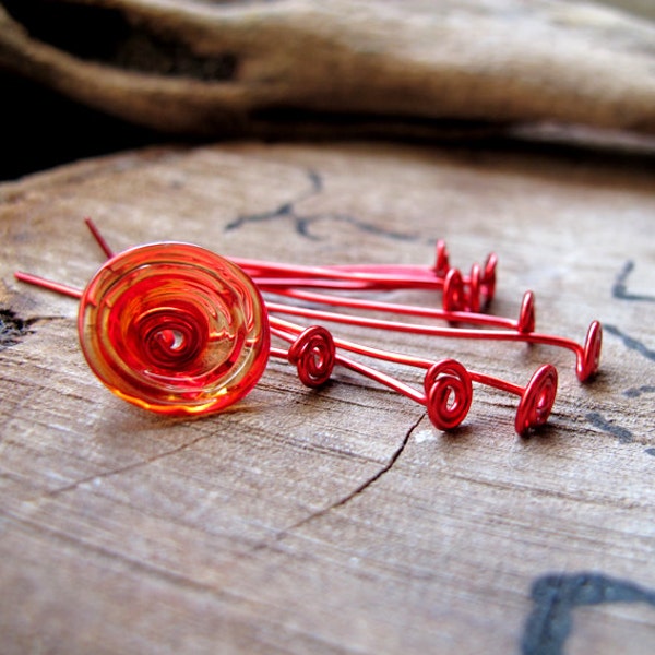 1.5 inch Headpins set Swirl Head pins 20 gauge Handmade Enameled Red Jewelry Findings Artisan HeadPins Red Eye Pins. Spiral Eyepins