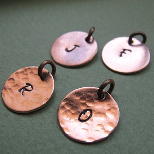 Hand Stamped Copper Charm. Personalized Disc Tag. Hammered Initial Letter Pendant Necklace Add on / Necklace Charms / Engraved Disc Dangles image 1