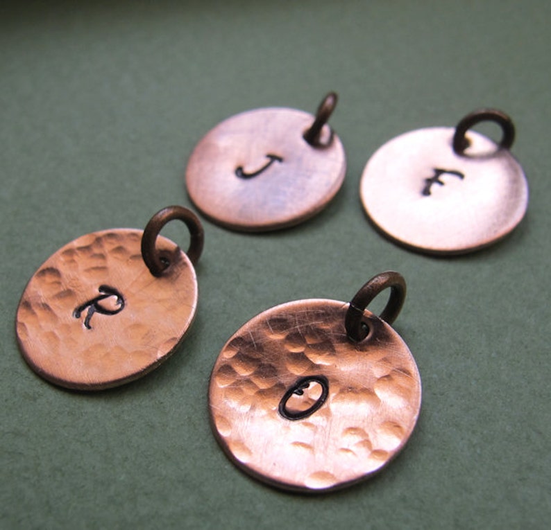 Hand Stamped Copper Charm. Personalized Disc Tag. Hammered Initial Letter Pendant Necklace Add on / Necklace Charms / Engraved Disc Dangles image 1