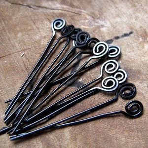 Black Swirl Headpins Set 22 gauge Enameled Wire Spiral Head Pins. Set of 10 Wire Wrapped Eye Pins Artisan Supplies Handmade Findings image 1