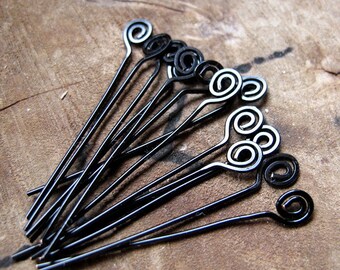 Black Swirl Headpins Set 22 gauge Enameled Wire Spiral Head Pins. Set of 10 Wire Wrapped Eye Pins Artisan Supplies Handmade Findings