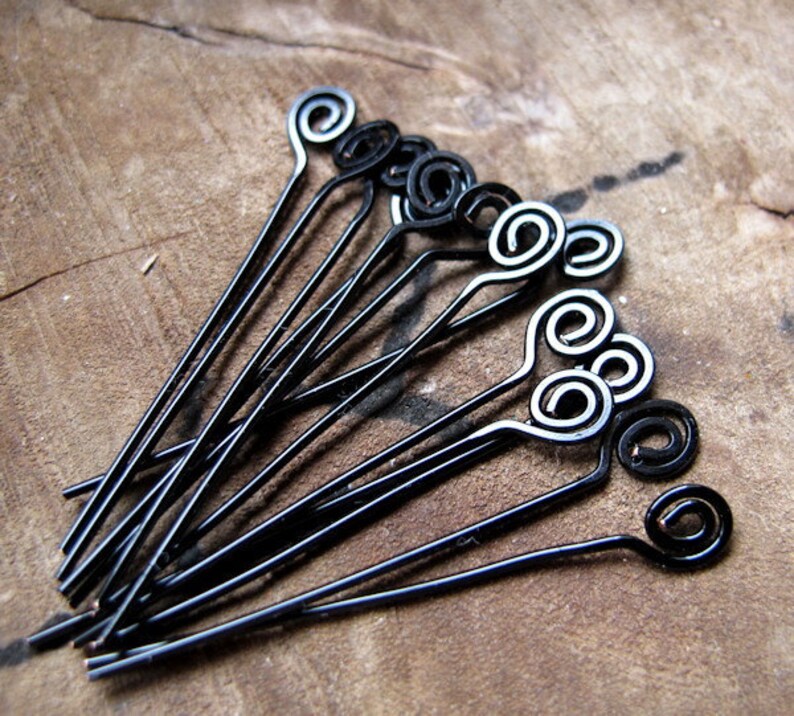 Black Swirl Headpins Set 22 gauge Enameled Wire Spiral Head Pins. Set of 10 Wire Wrapped Eye Pins Artisan Supplies Handmade Findings image 1