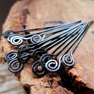 Black Swirl Headpins Set 22 gauge Enameled Wire Spiral Head Pins. Set of 10 Wire Wrapped Eye Pins Artisan Supplies Handmade Findings image 2