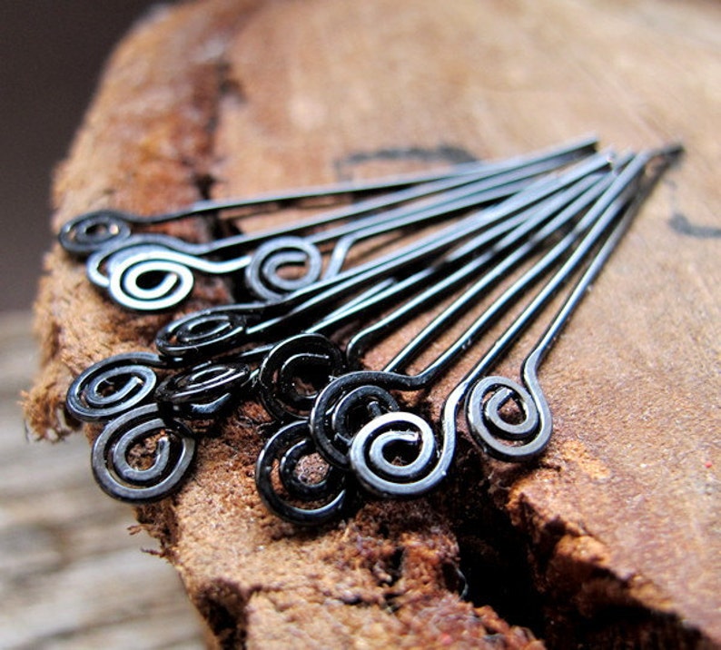 Black Swirl Headpins Set 22 gauge Enameled Wire Spiral Head Pins. Set of 10 Wire Wrapped Eye Pins Artisan Supplies Handmade Findings image 2