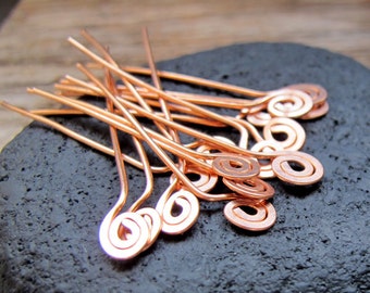 Copper Spiral Head Pins set 22g Swirl Hammered Headpins Necklace Findings Handmade Jewelry Supplies Artisan Eye Pins 1.5 inch Headpins set
