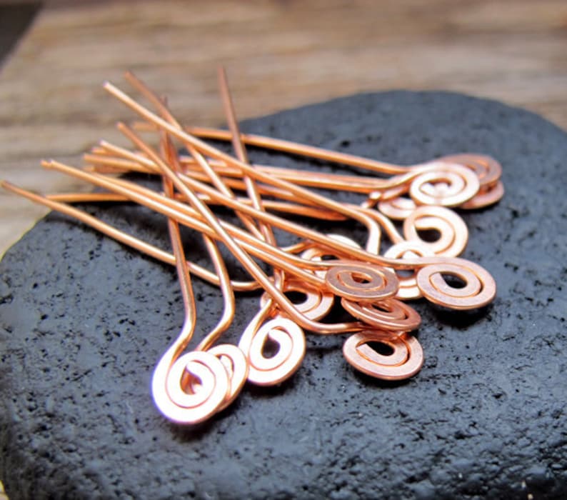 Copper Spiral Head Pins set 22g Swirl Hammered Headpins Necklace Findings Handmade Jewelry Supplies Artisan Eye Pins 1.5 inch Headpins set image 1