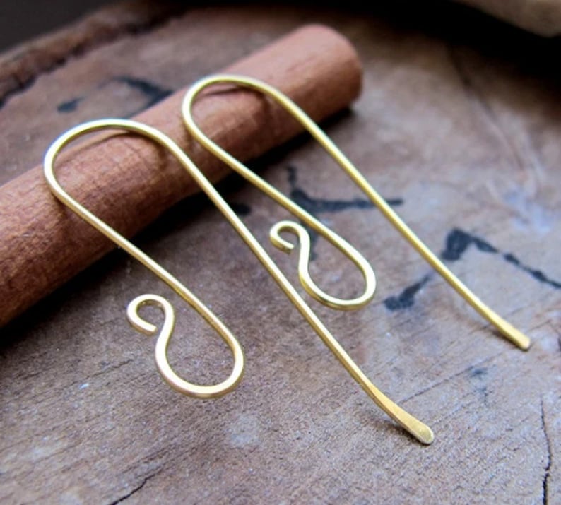 Elegant Brass Long Hook Ear Wires. Artisan Earwires Findings for Earrings. Long Earwire / Gold Ear wires / Artisan Ear Wires image 1