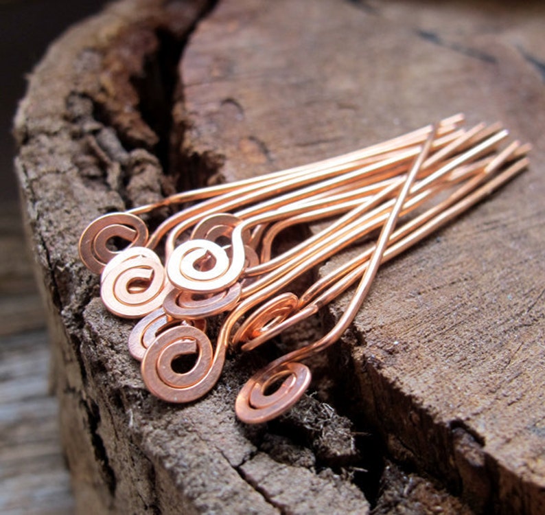 Copper Spiral Head Pins Set 22g Swirl Hammered Headpins Etsy