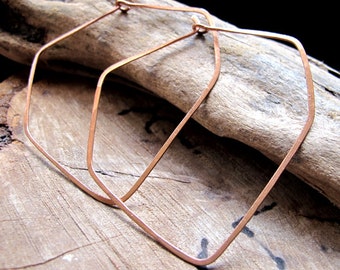Artisan Hoop Earrings, Diamond Shaped Hoops, XL Geometric Earrings - Copper Hammered Modern Hoops