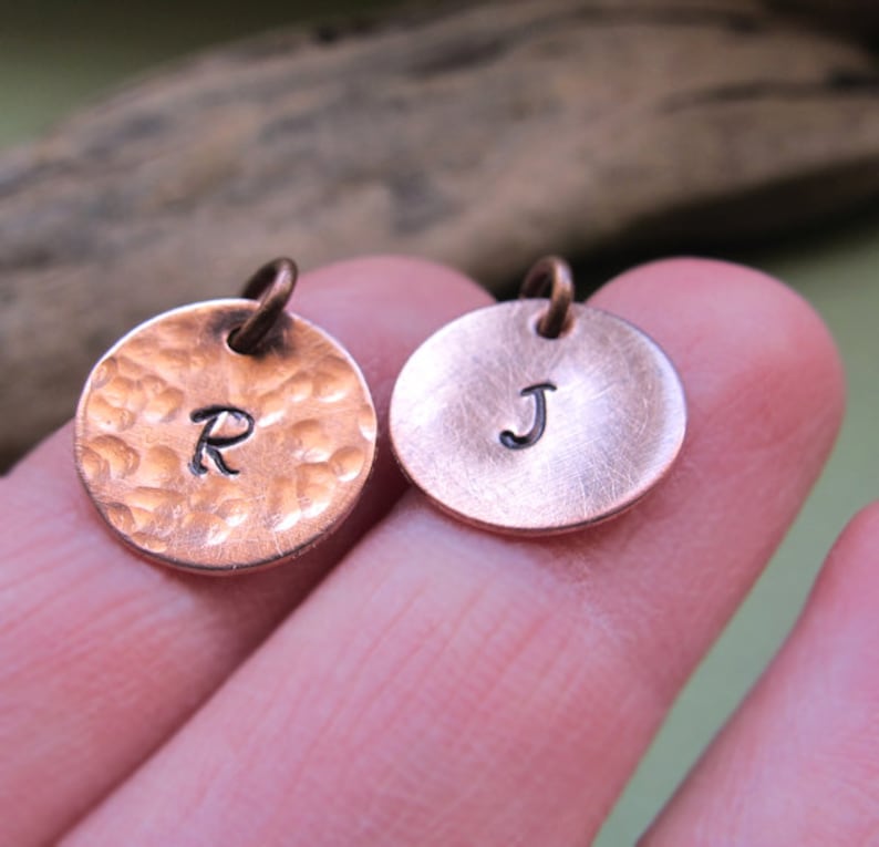 Hand Stamped Copper Charm. Personalized Disc Tag. Hammered Initial Letter Pendant Necklace Add on / Necklace Charms / Engraved Disc Dangles image 3