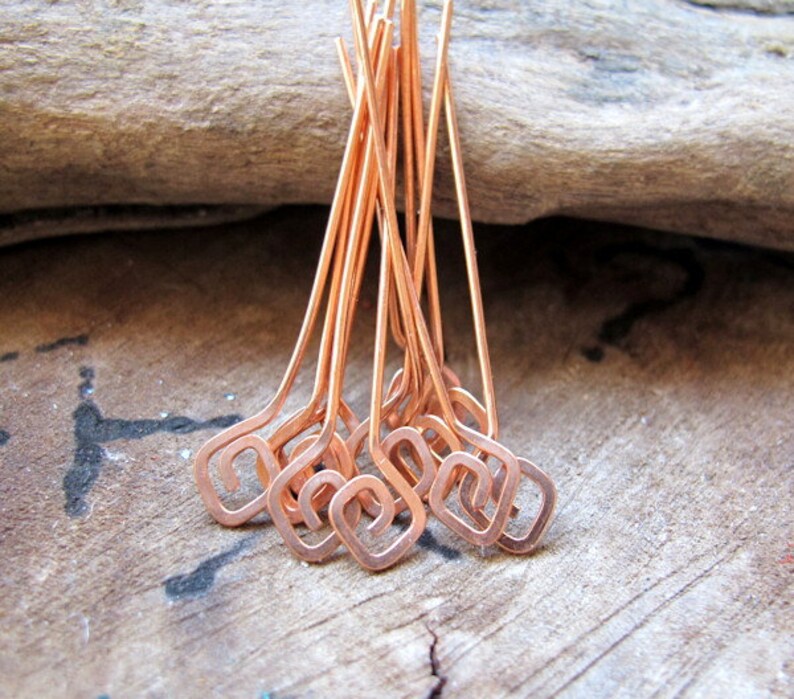 22g Copper Square Spirals Headpins Set 15 pcs. Geometric Headpins Hammered swirl head pins. Earrings Supplies. Artisan Head Pins Eye Pins image 3