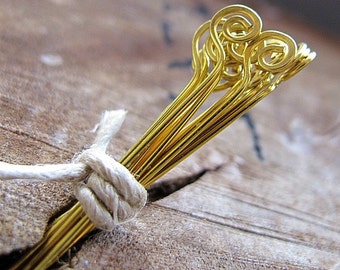 15 Golden Pure Brass Headpins Set 1.5 inch lengh Hammered Spiral Headpins 22 gauge Hand Crafted Artisan Jewelry Findings / Gold Eye Pins