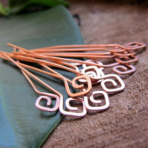 22g Copper Square Spirals Headpins Set 15 pcs. Geometric Headpins Hammered swirl head pins. Earrings Supplies. Artisan Head Pins Eye Pins image 1