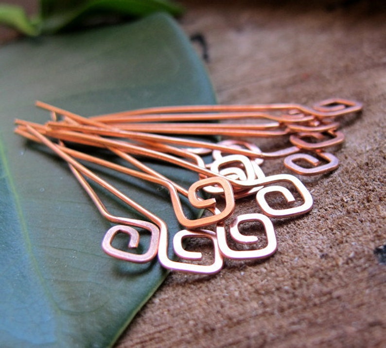 22g Copper Square Spirals Headpins Set 15 pcs. Geometric Headpins Hammered swirl head pins. Earrings Supplies. Artisan Head Pins Eye Pins image 1