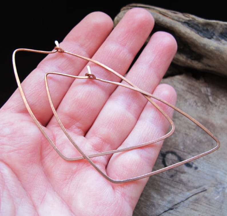 Geometric Triangle Earrings Geometric Copper Hoop Earrings Large Hoops Modern Earrings 3 inch Unique Earrings Triangle shaped Hoops image 3