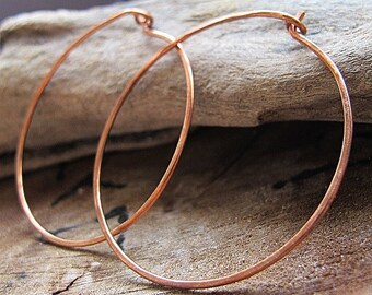 Large Shape Copper Hoop Earrings Handmade and Hammered Earwire Hoops 20 gauge 1.5, 2 inch 3 inch Medium Hoops Flat Copper Hoops Earrings