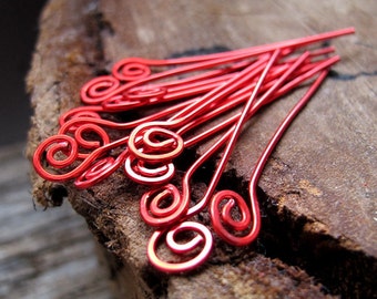 22 gauge Red Spiral Headpins Enameled Swirl Copper Head Pins Handmade Spiral Eye pins Christmas findings Artisan Findings, Colored Sticks