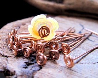 Handmade Copper Spiral Head Pins 20 gauge, Artisan Swirl Headpins 1.5 inch, Hand Crafted Findings 10 pcs, Copper Eye Pins Set - top Spirals