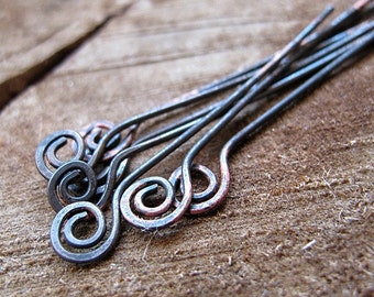 Patina Antique Brass Swirl Headpins Set. Spiral Eye Pins 1.5 inch Hand forged hammered Patina Findings, jewelry stringing - 12pcs Sticks