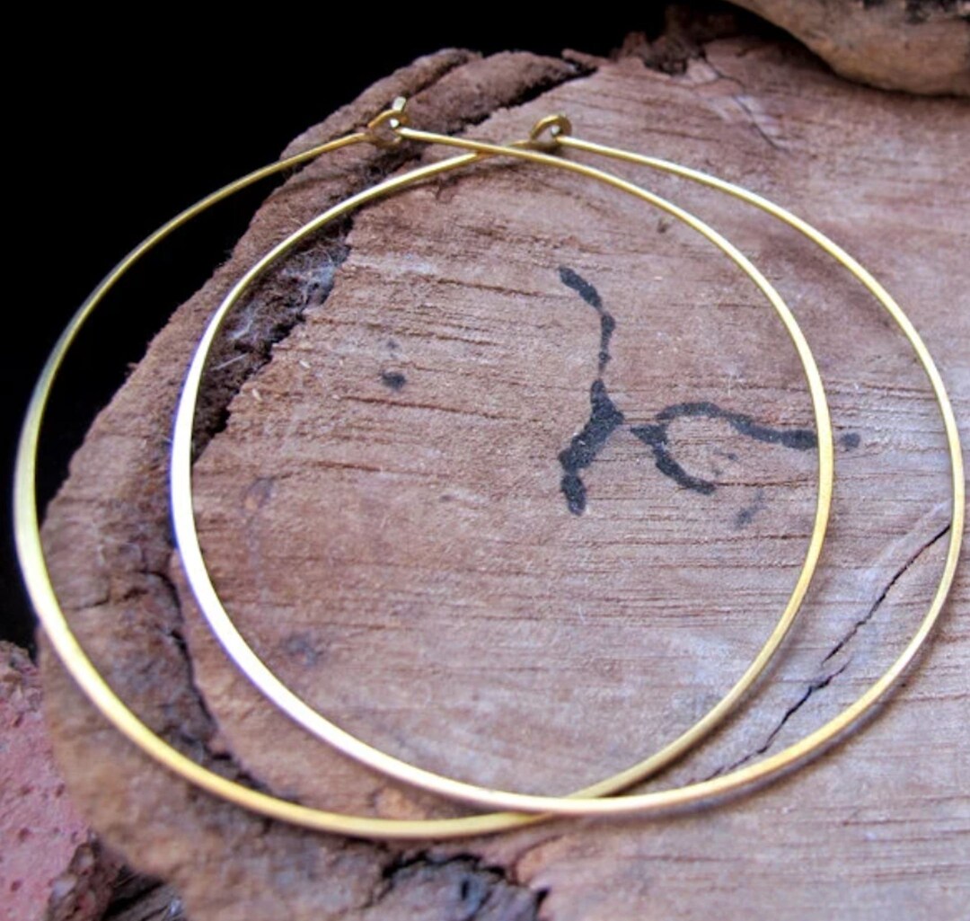 Golden Hoop Earrings 3 Inch Brass Hammered Hoops Extra Large Thin ...