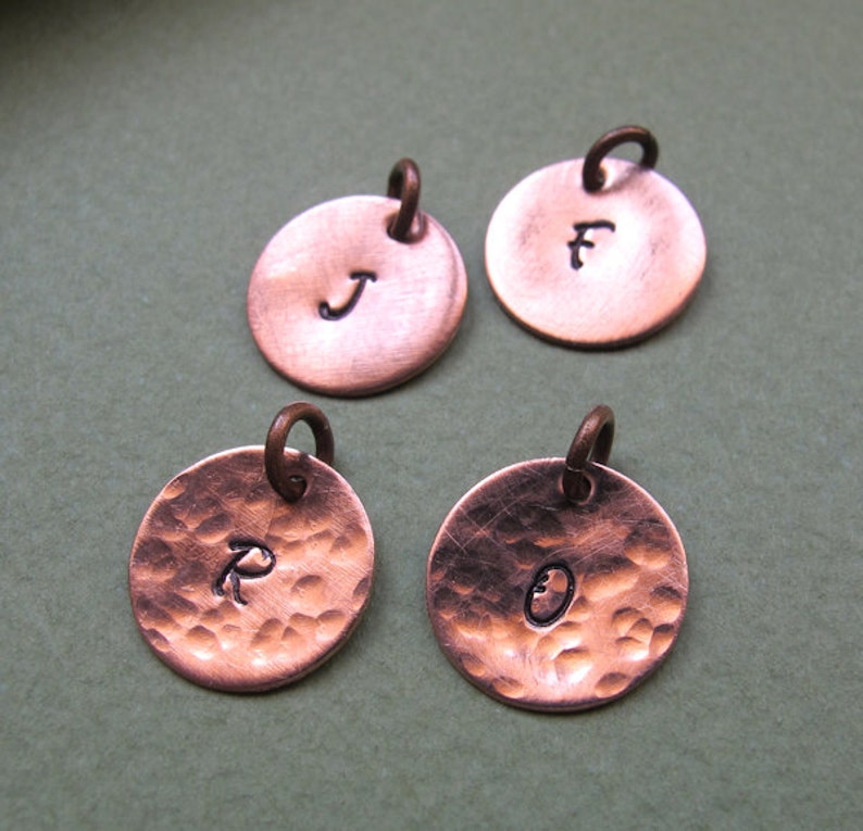 Hand Stamped Copper Charm. Personalized Disc Tag. Hammered Initial Letter Pendant Necklace Add on / Necklace Charms / Engraved Disc Dangles image 2