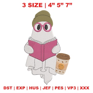 Halloween Ghost Reading Embroidery File, Cute Bookish Stitch Design for Boo Season, Little Ghost with Book