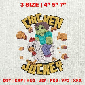 Diseño de bordado "Amante del pollo pixelado", "Jockey de pollo", "Caricatura de película"