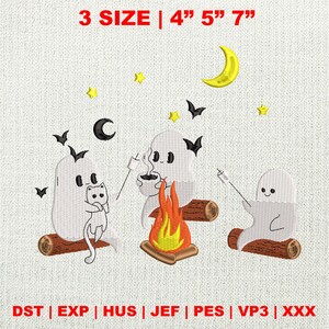 Broderie extérieure de la saison effrayante, design mignon de camping fantômes, fichier de couture vintage Halloween
