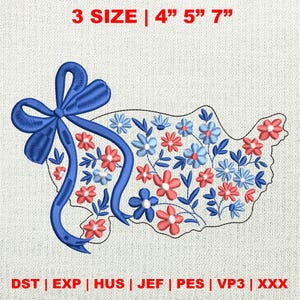 4th Of July Embroidery Design, American Coquette Flower Embroidery Design, Chinoiserie USA Map Embroidery Design