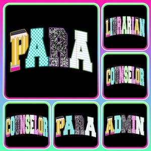 Custom Retro School Occupation PNG Bundle, Back to School Teacher Sped Para Counselor, Preppy First Day of School Checkered Girly Png