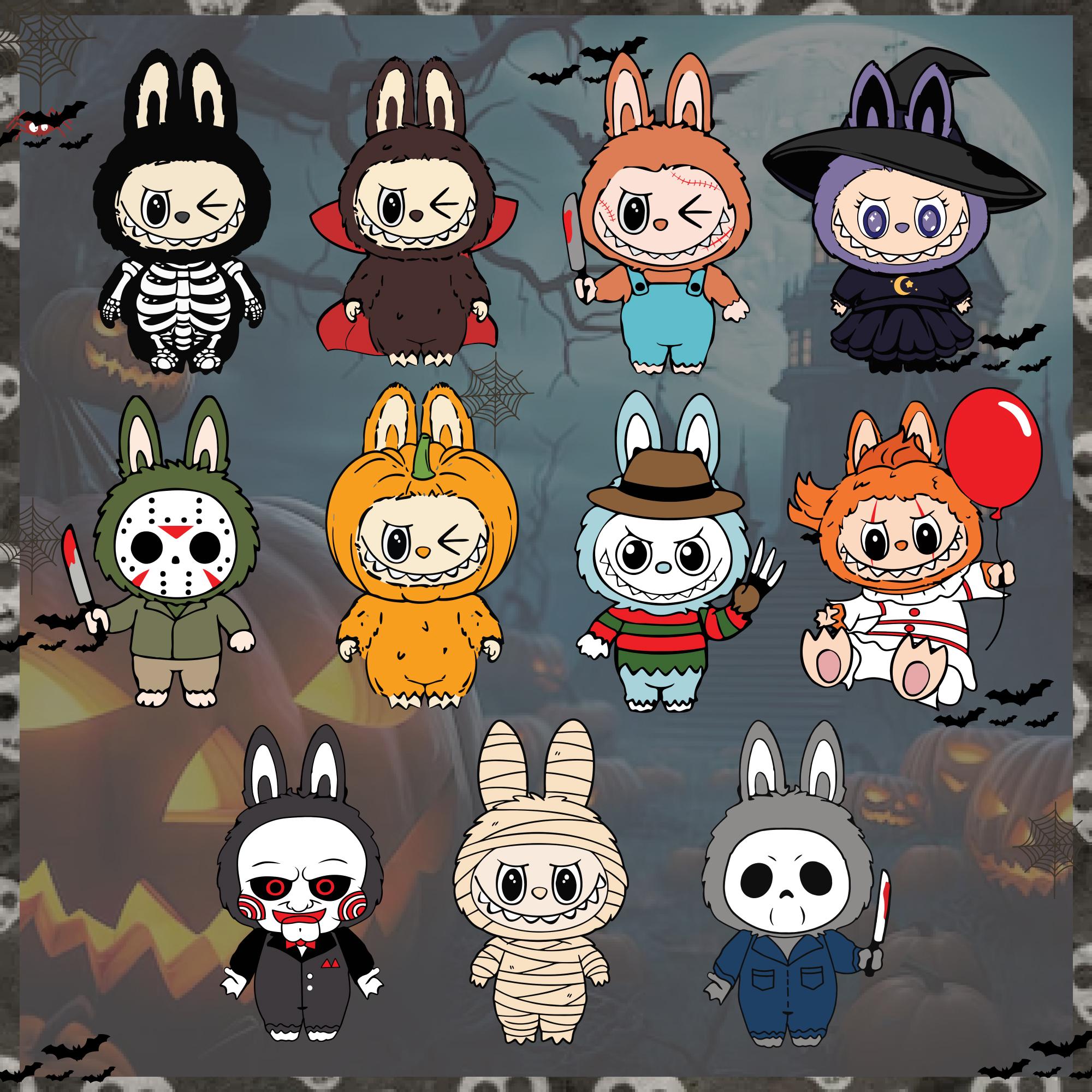 10+ Horror Labubu PNG Bundle, Cute Spooky Character Stickers, Halloween PNG SVG, Chibi Style, Kawaii Creepy Clipart