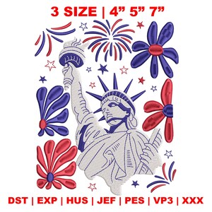 4th Of July Embroidery Design, Retro Statue Of Liberty Embroidery Design, American Flag Embroidery Design