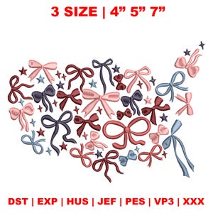 4th Of July Embroidery Design, Retro American Bow Embroidery Design, Floral American Flag Embroidery Design