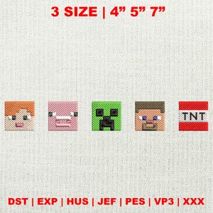 Game Inspired Birthday Embroidery Design, Pixel Gamer Embroidery Design, Creeper Steve Alex Pig Embroidery, Instant Download