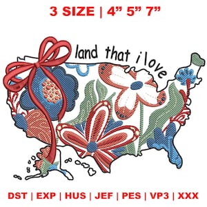 4.Juli Stickdatei, Blumen Boho Amerika Karte Stickdatei, Land dass ich liebe Stickdatei