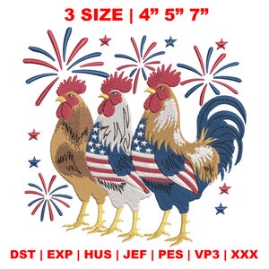 Retro July 4th Embroidery Design, Patriotic Animal Embroidery Design, Patriotic USA Chicken Embroidery Design