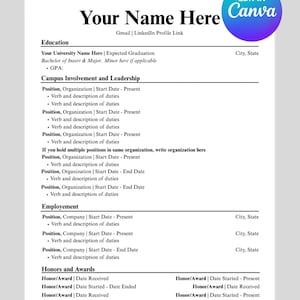 Peut inclure: Modèle de CV professionnel pour étudiants, avec des sections pour l'éducation, l'engagement universitaire, l'emploi et les distinctions. Le CV comprend des espaces réservés pour le nom, les coordonnées et un lien pour modifier dans Canva.