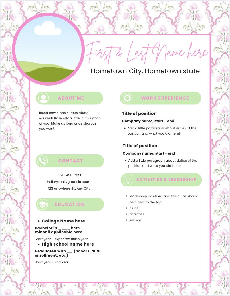 Pink Floral Resume Template for Canva | Editable Student CV | Feminine ...