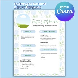 Peut inclure: Un modèle de CV avec un motif floral bleu clair et le texte "Hydrangea Resume Canva Template". Le modèle comprend des sections pour les coordonnées, l'expérience professionnelle et l'éducation. Le logo Canva est en haut à droite.