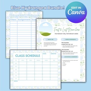 May include: A bundle of printable stationery templates with a blue hydrangea theme. Includes a homework planner, class schedule, and resume template. The templates have a light blue and white color scheme with floral accents.