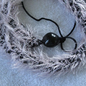 Black and light pink crocheted eyelash lei, finished with black kukui nuts, handmade in Hilo, Hawaii image 2