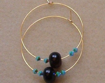 Black Onyx Gold Color Hoop Earrings with Turquoise AB2X Swarovski Crystal Bicones